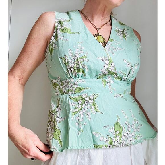VTG 90s Cotton Peplum Mint Green Blouse Size L-10 Floral Print Retro Cottagecore - Picture 1 of 8